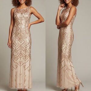 Adrianna Papell Nude & Gold Sequin Beaded Column Dress Gown Sz 10